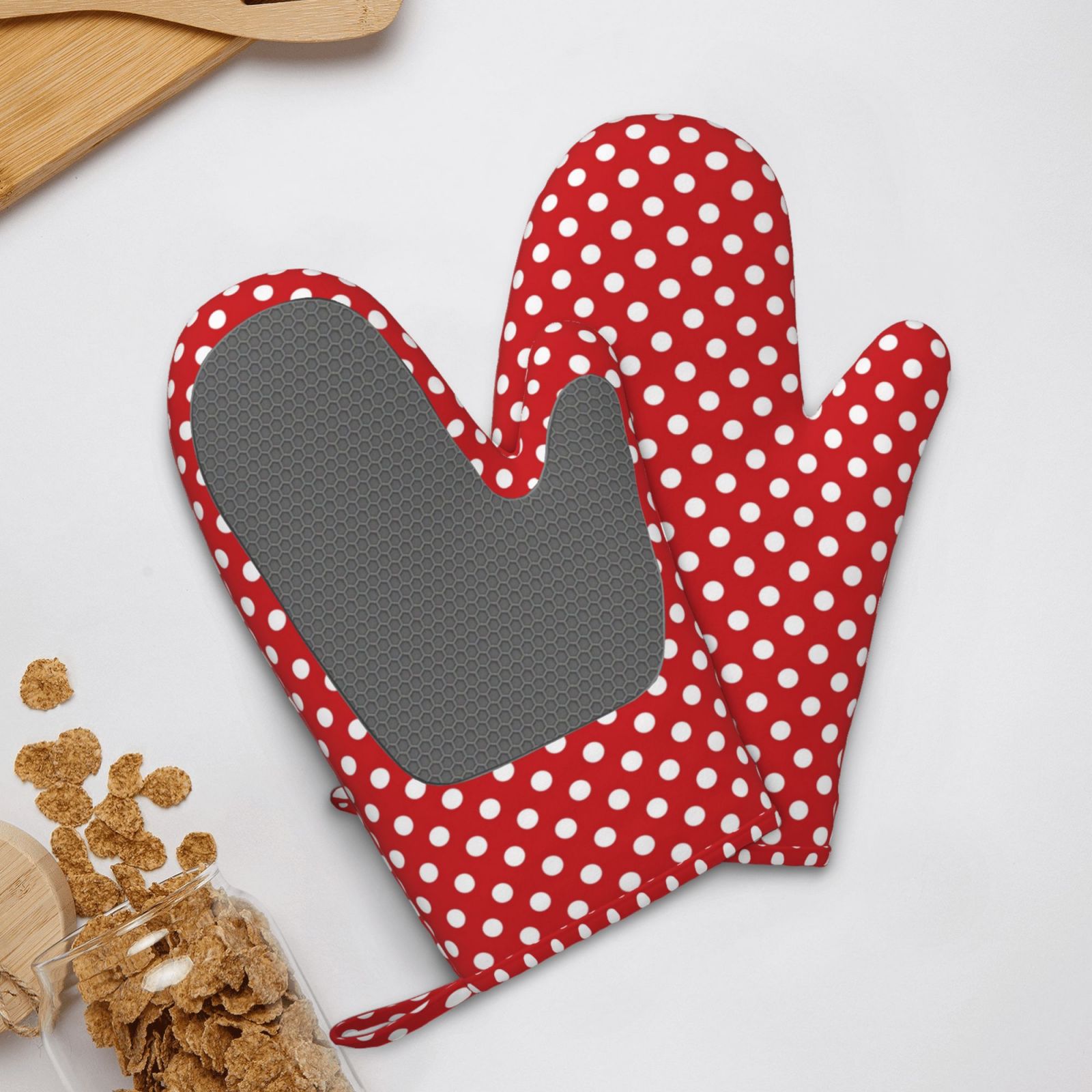 Hirioo Red Polka Dot for Silicone Oven Mitts for BBQ, Baking, Cooking, Set of 2, Heat Resistant 260℃, Non-Slip Kitchen Essentials