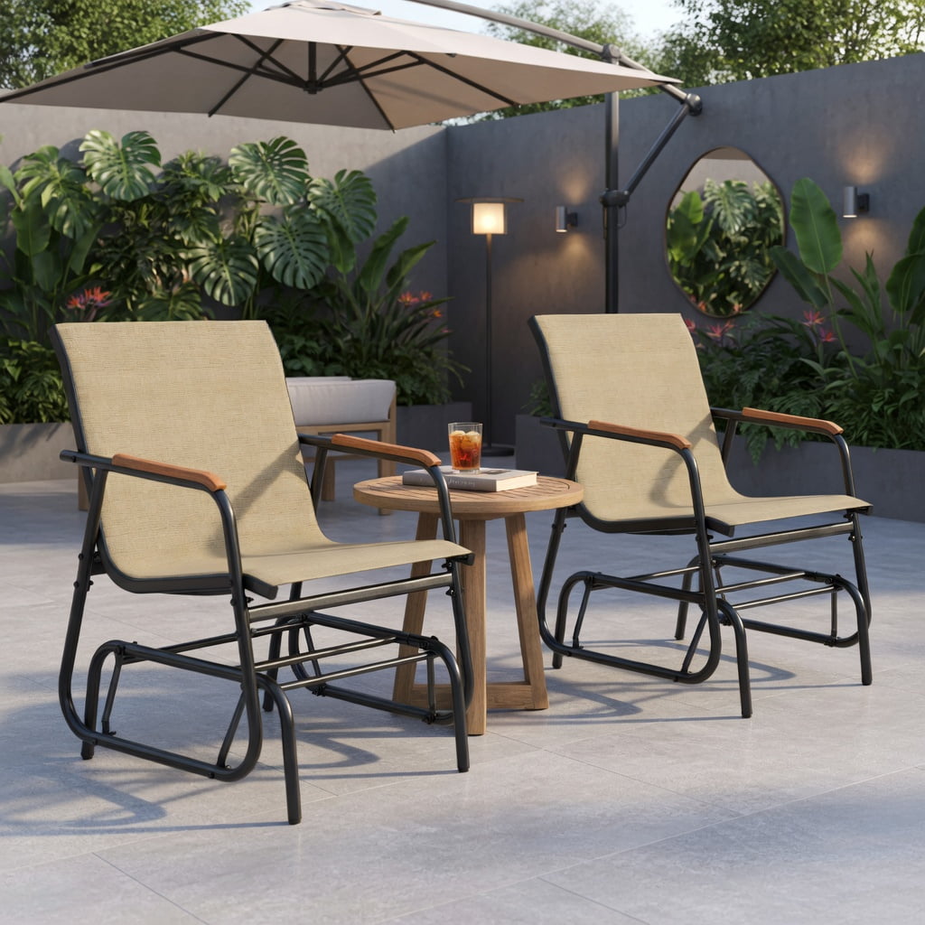 Hommoo 2-Piece Outdoor Glider Chair Set with Teak Wood Armrests, Breathable Fabric Seats & Sturdy Metal Frame for Patio, Porch, or Poolside, Brown