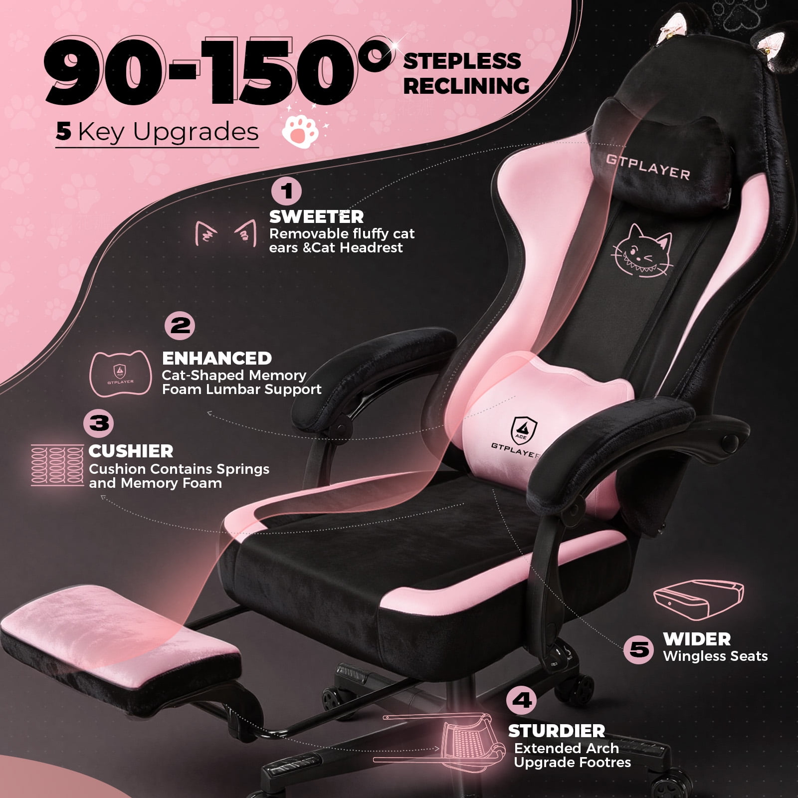 LUCKLIFE Cute Gaming Chair with Cat Paw,Computer Chair with Footrest, Reclining PC Game Chair for Girl, Teen