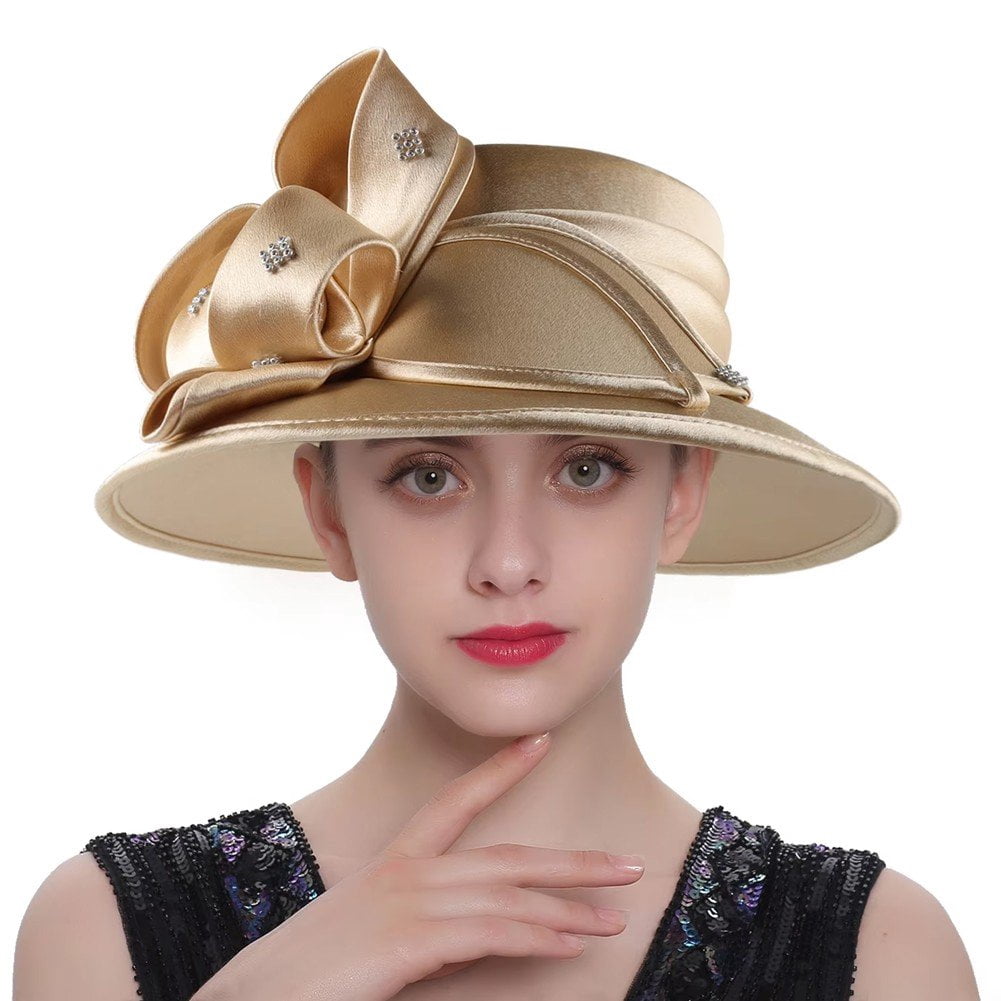 Jiibva Satin Cloth Church Hat Women Wide Brim Hat Elegant Wedding Photography Hat Female Banquet Fancy Fascinator Formal Hat