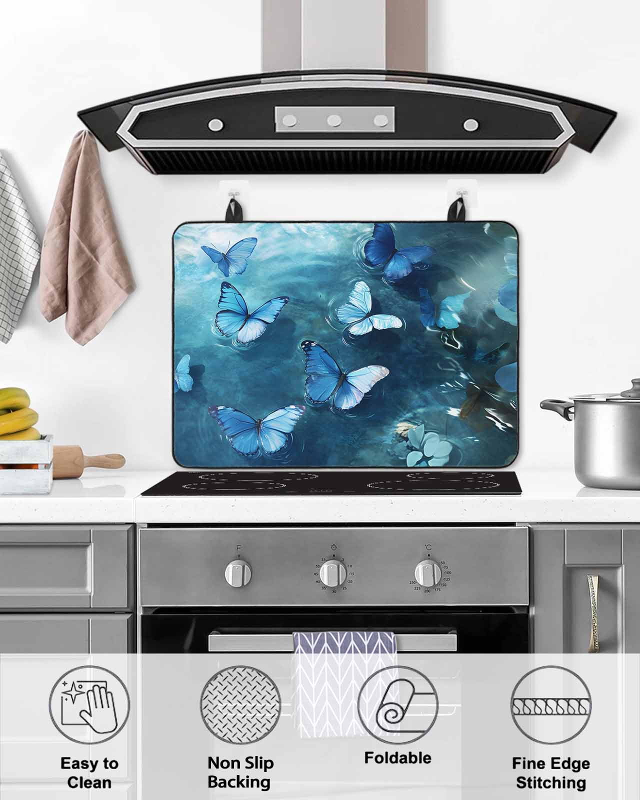 nqOlkjepod Large Induction Cooktop Protector Mat 24"x21", Blue Butterfly Stove Top Covers for Electric Stove, Modern Elegant Water Ripples Decorative Stove Burner Cover Mats, Glass Top Stove Cover