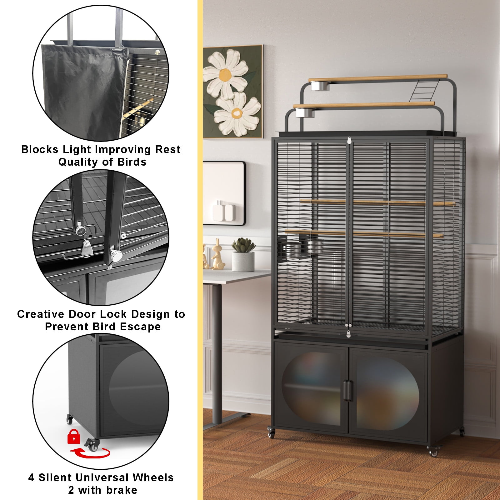 GDLF 72-Inch Bird Cage With Play Top and Rolling Storage Cabinet Extra Large With Cover for Parrot, Parakeet, Cockatiel, Budgie , Parrotlet, Green Cheek Conure