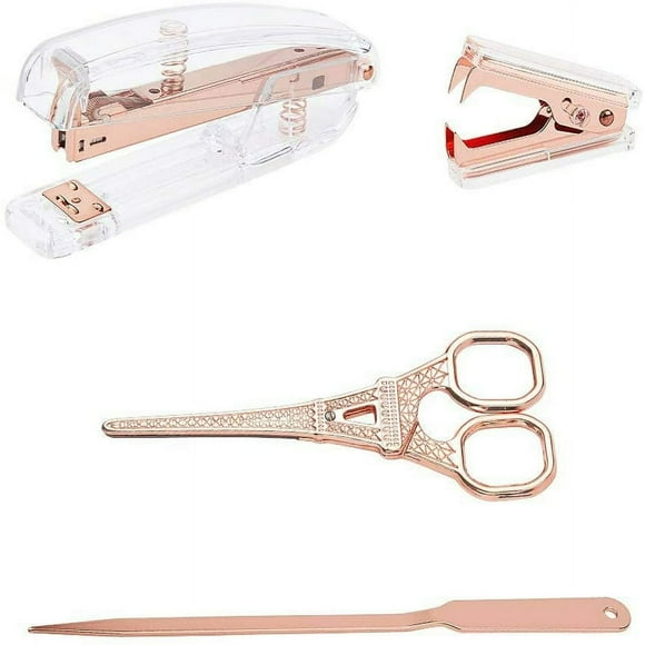 HLONK Kit de Papeterie de Bureau Or Rose 4 Types Agrafeuse Extracteur Ouvre-Lettres et Agrafeuse Fournitures de Bureau Accessoires de Bureau