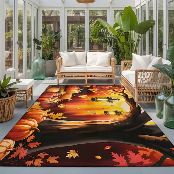 Maple Leaf Pumpkin Washable Living Room Rugs 9'x12', Fall Thanksgiving Washable Throw Large Area Rug Non-Slip Sturdy Edge Binding Carpet for Bedroom Dining Room Office