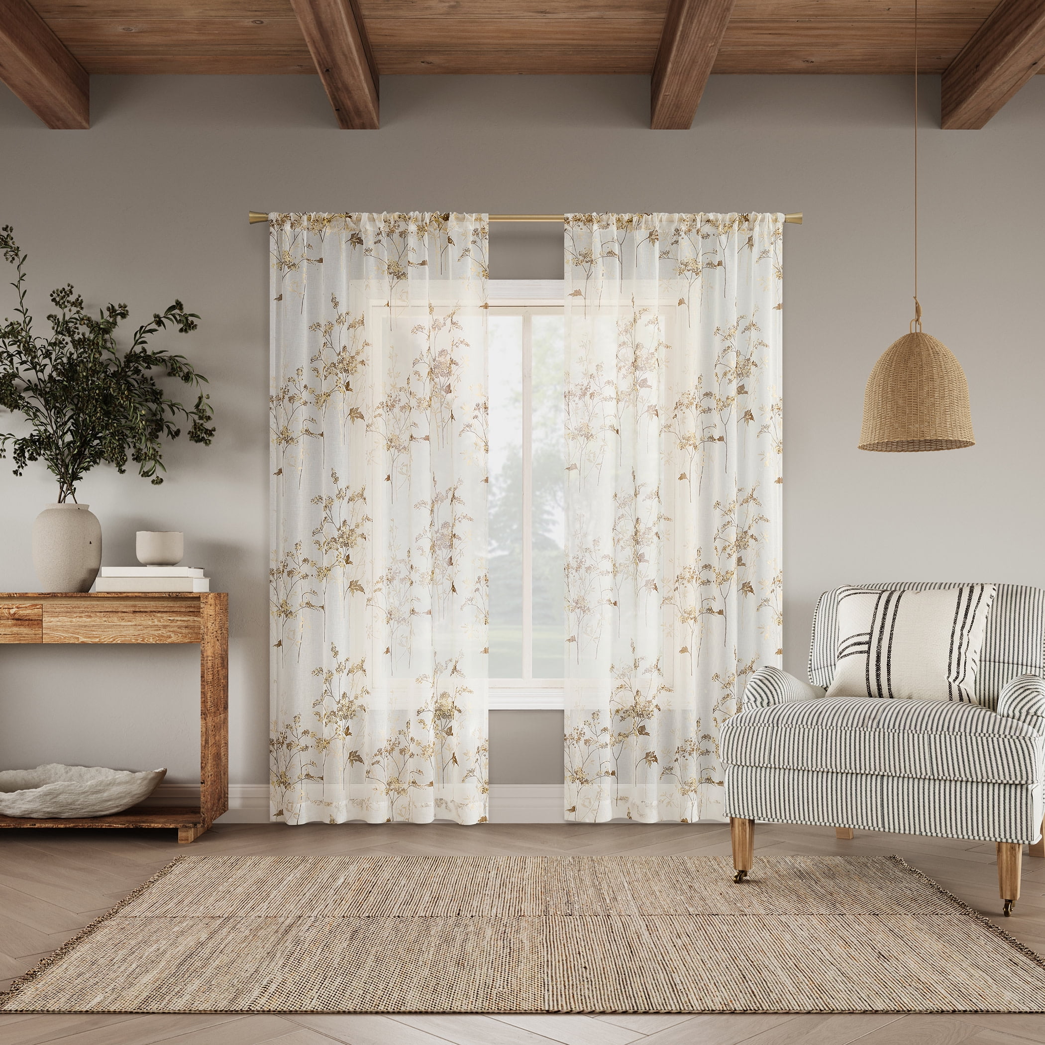 No. 918 Margot Botanical Print Sheer Rod Pocket Curtain Panel, 50"W X 84"L, Gold