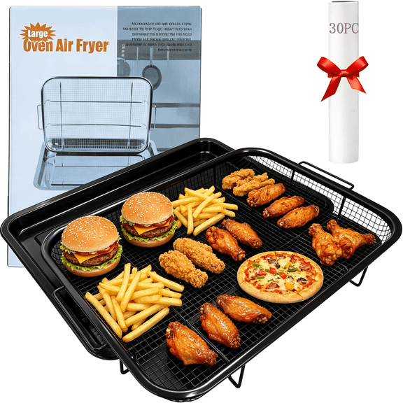 Air Fryer Basket for Oven, 15“ x 11“ Large Stainless Steel Air Fryer Pans and Trays Set of 2, Large Nonstick Crisper Tray for Turkey French Fries Chicken, Dishwasher Safe (Cooling Rack Balck)