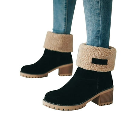 Womens Snow Booties Warm Winter Faux Fur Suede Shoes Square Heels Ankle (Best Suede Ankle Boots)