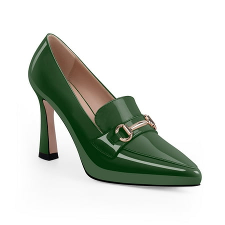 

YOWMNS Women s Pointed Toe High Heel Pumps Comfortable Slip On Patent Leather Platform Loafers Metal Decoration Office Dressy Casual Shoes (Green 7)
