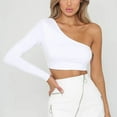 thumbnail image 3 of YCNYCHCHY Summer T-shirt Sexy One Shoulder Crop Top Women Skew Collar Unique Long Sleeve Slim Fit Solid Leisure Basic Bodycon Tees, 3 of 6