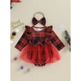 thumbnail image 2 of Bslissey Baby Girls Christmas Romper Dress Infant Plaid Print Long Sleeve Mesh Patchwork Hem Jumpsuit with Headband Newborn Cute Daily Clothes 3M 6M 12M 18M, 2 of 9