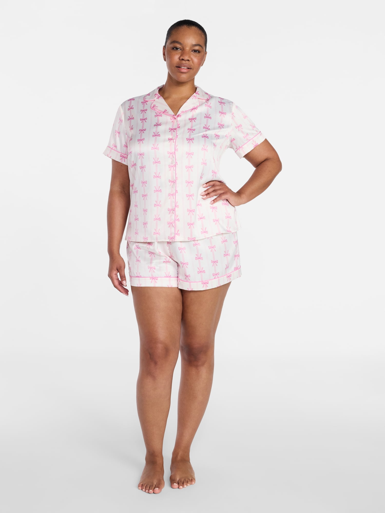 Joyspun Women’s Stretch Satin Short Sleeve Top and Shorts Pajama Set, Sizes XS-3X