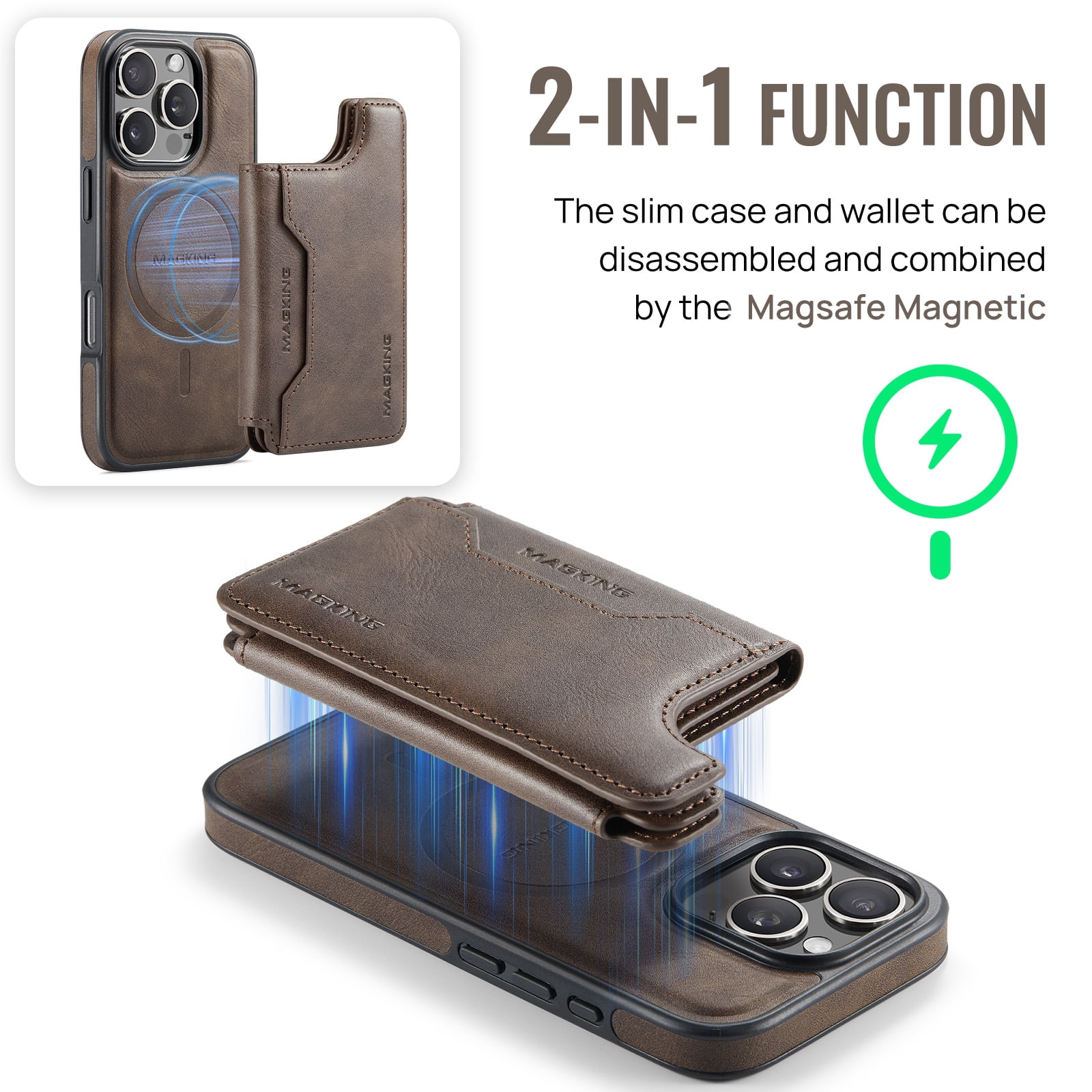 Designed for iPhone 16 Pro Max Wallet Phone Case,Magnetic Detachable Flip Card Holder,Back Flip Kickstand,Compatible with Mag-Safe,2-in-1 PU Leather Heavy Duty Shockproof Phone Case,Coffee