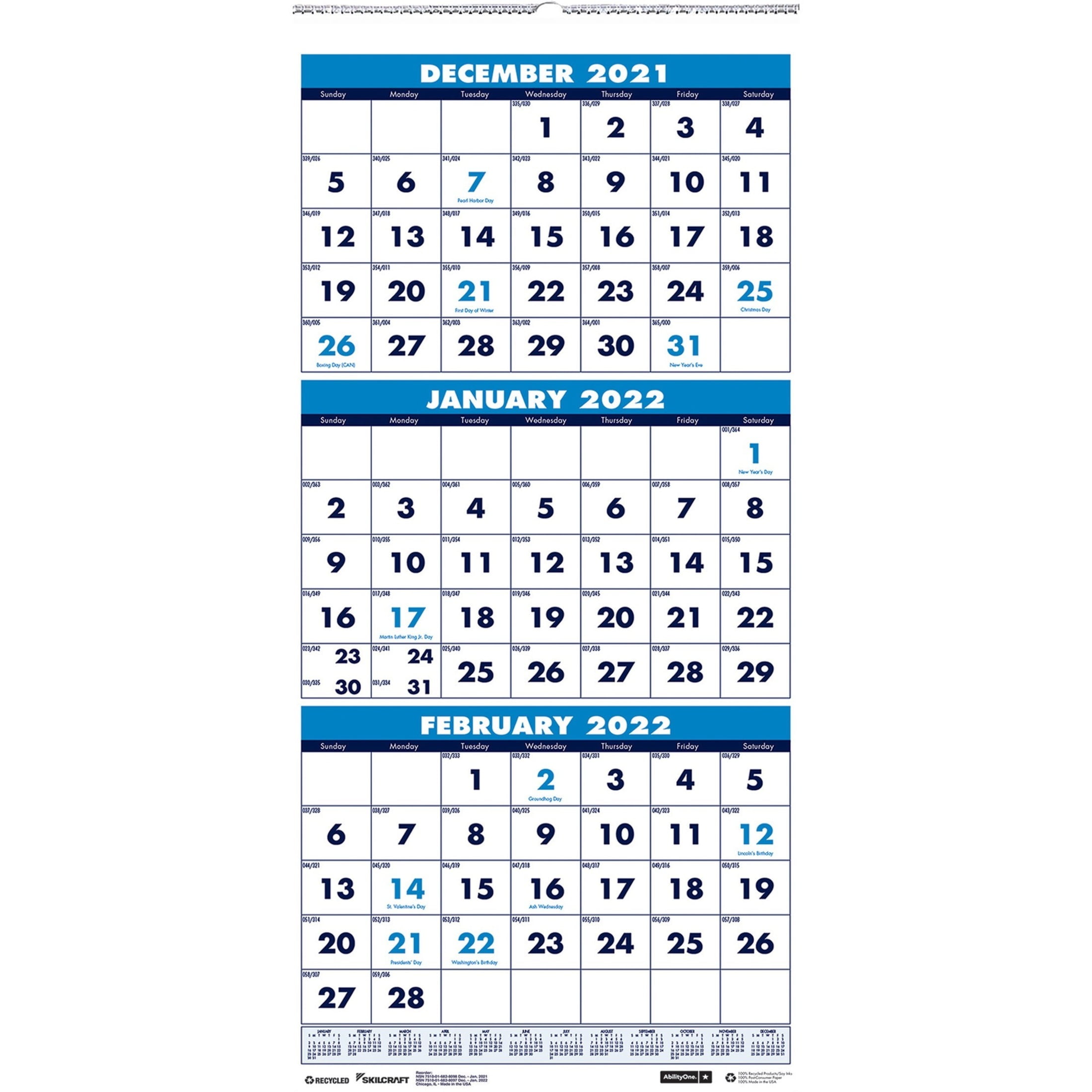 SKILCRAFT 3month Vertical Wall Calendar