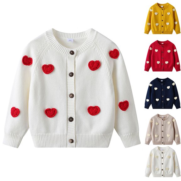 Afuyipoi Girls Embroidered Heart Cardigan Size 1-9 Long Sleeve Round Neck Fleece Sweater for Kids Casual Winter White Size 3T