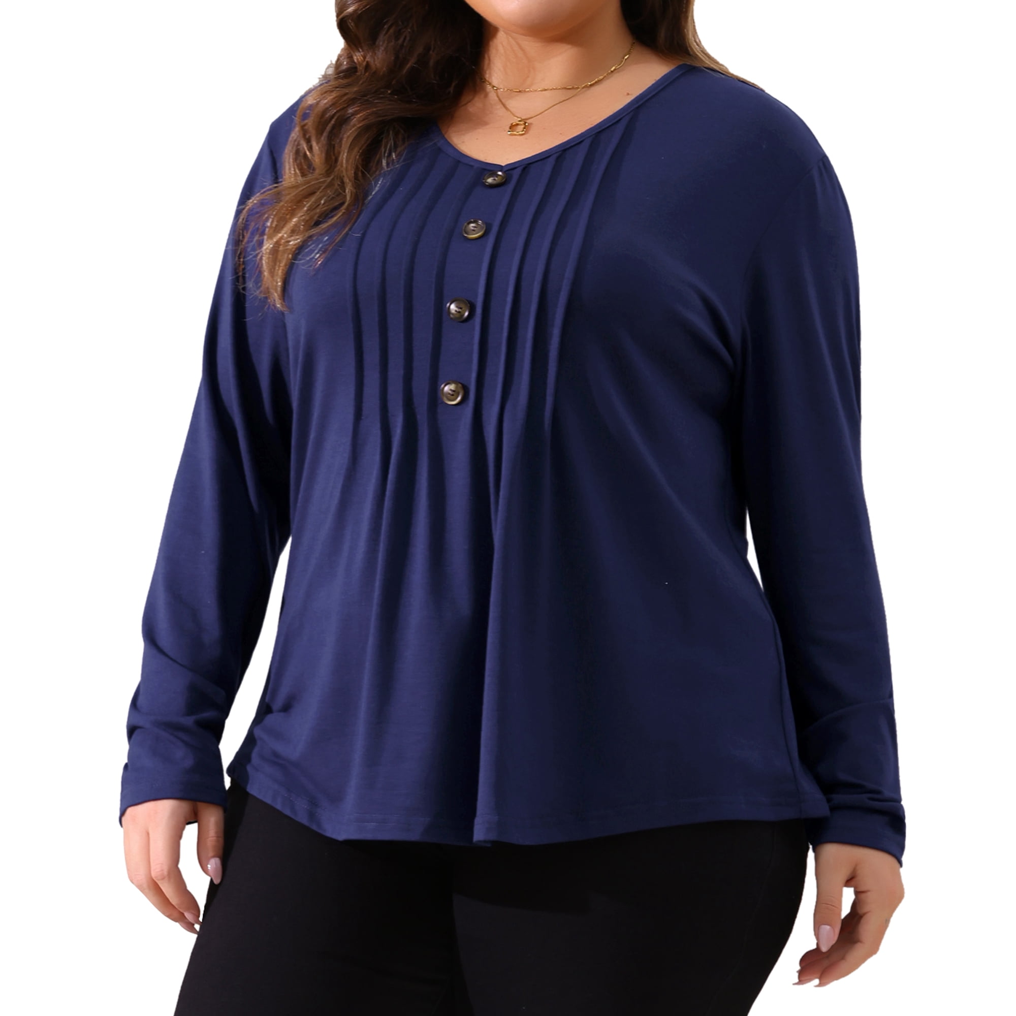 DARING DIVA Women's Plus Tops Pleated Front V Neck Button Blouses 2X Navy Blue
