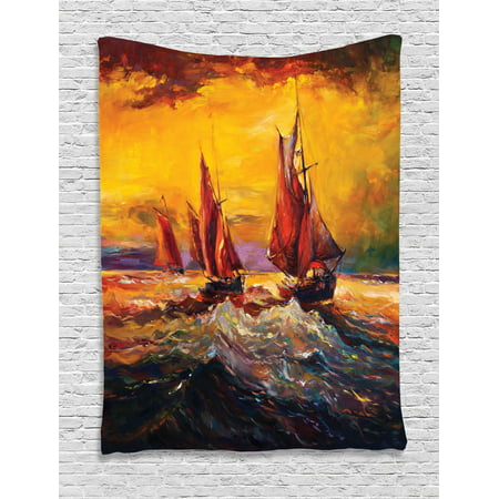 Country Decor Wall Hanging Tapestry, Image Of Old Sailboats Ships Cruising In Waves At Sunrise Time Dark Pastel Sky Art, Bedroom Living Room Dorm Accessories, By