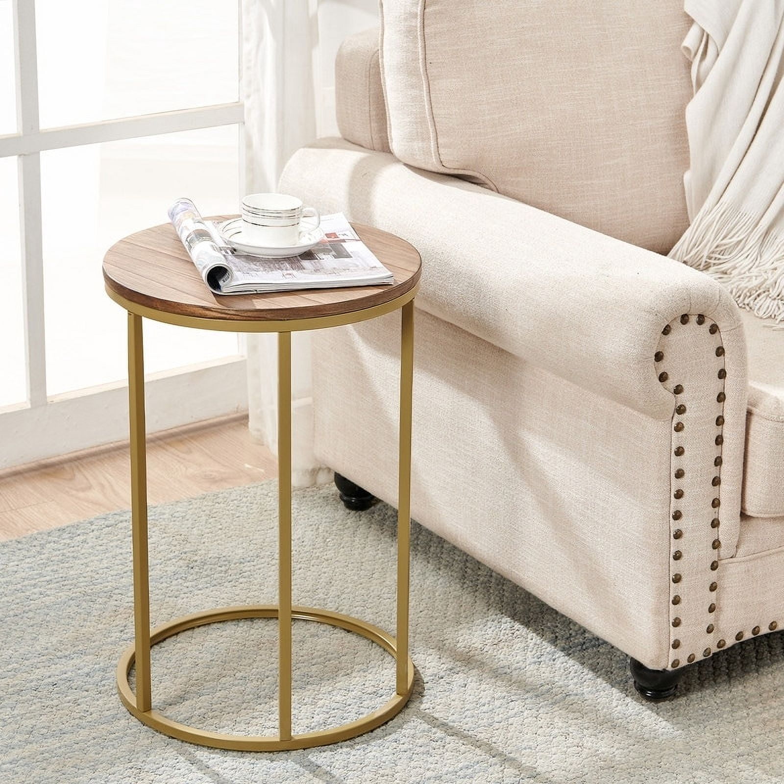 SD 23" H Round  Wood Top Sofa SideTable, Snack Table, Gold/oak