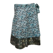 Mogul Women's Reversible Magic Wrap Skirt Silk Sari 2 Layer Blue Black Boho Chic Mini Skirts
