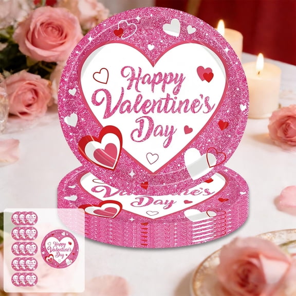 Glitter Heart Romantic Disposable Party Tableware Set - 16PC 8-inch Paper Plates, Paper Cups and Tissue for Mother's Day Celebrations & Special Occasions