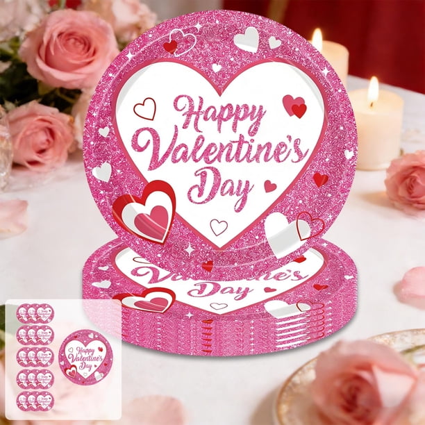 Juego de vajilla para fiesta de San Valentín – Platos festivos con purpurina en forma de corazones, tazas, servilletas, papel rosa desechable de 16/20 piezas, 7 y 9 pulgadas, decoración romántica