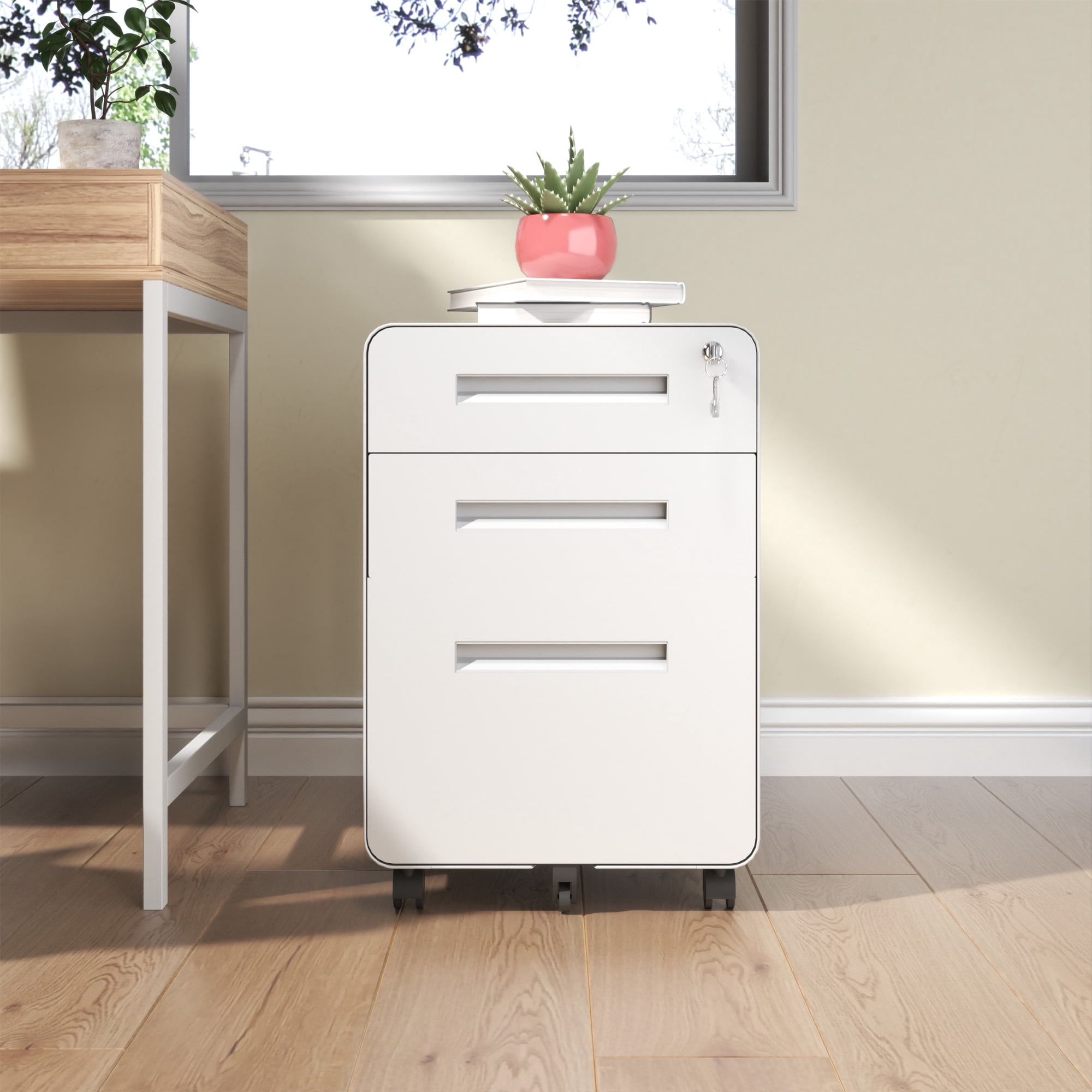 3-Drawer Wide Mobile File Cabinet with Lock, All-Steel Metal Storage Cabinet on Casters, for Home & Office,White, Fully Assembled, Holds A4/Letter Files, 110lbs/Drawer