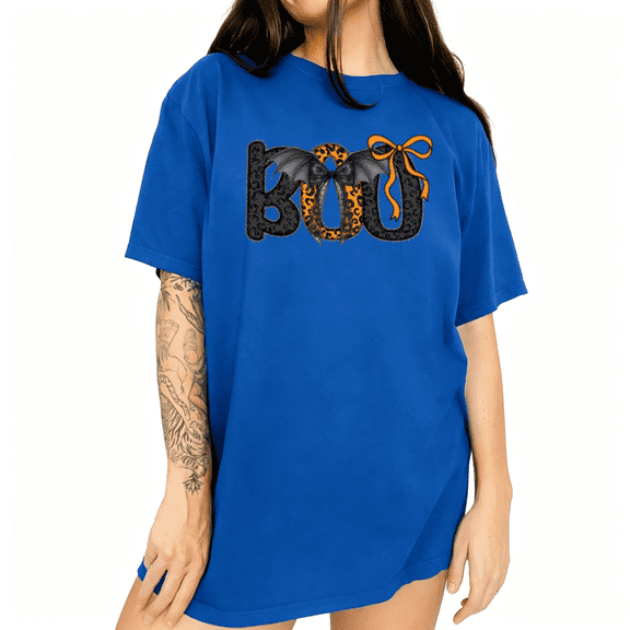 UNISHE BOO Bow Pumpkin Bat Graphic Tee Women's Halloween Short Sleeve Crew Neck T-Shirt