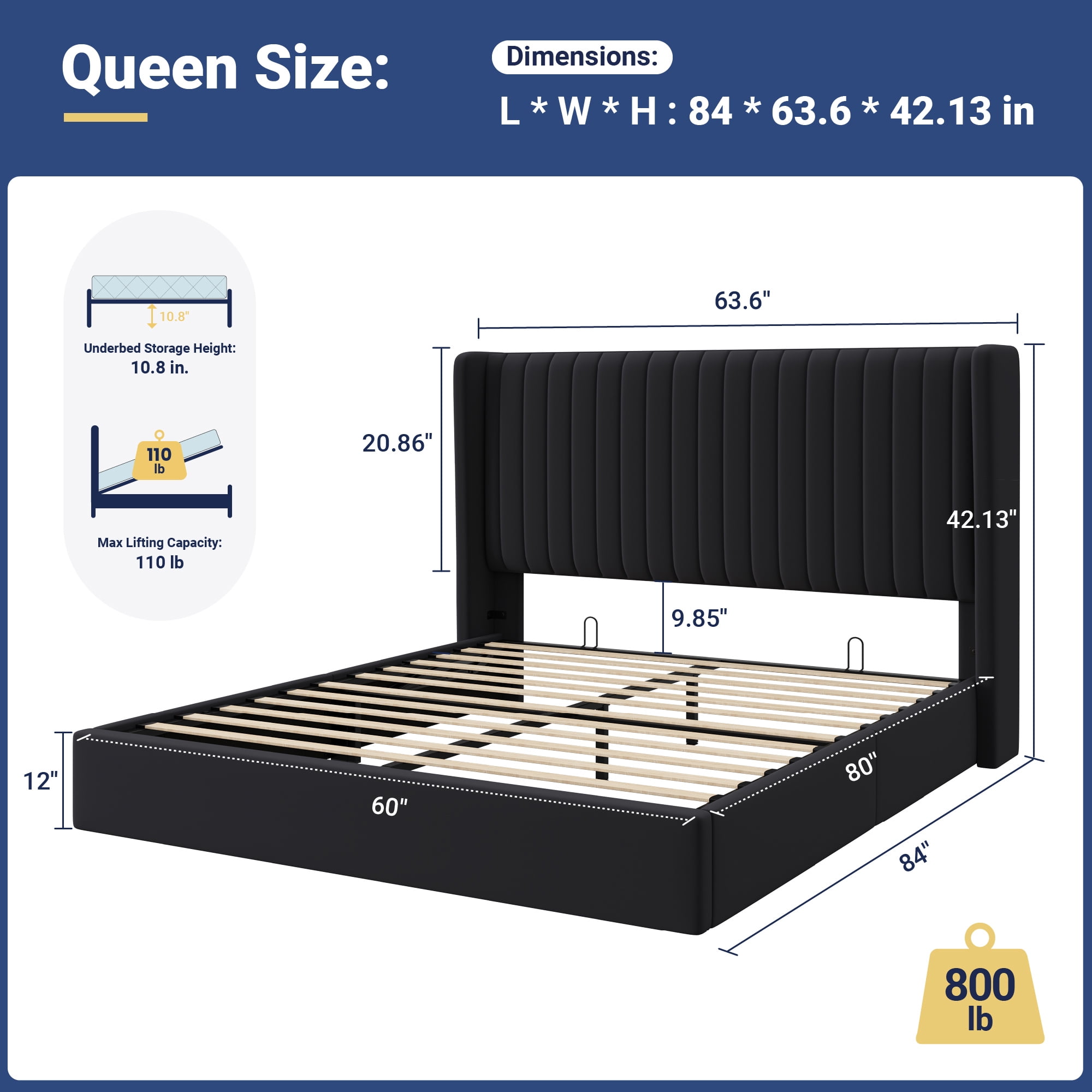 Allewie Queen Size Lift Up Storage Bed Frame, Hydraulic Support System, Upholstered Platform Bed Frame, Vertical Channel Tufted Headboard with Wingback, Black