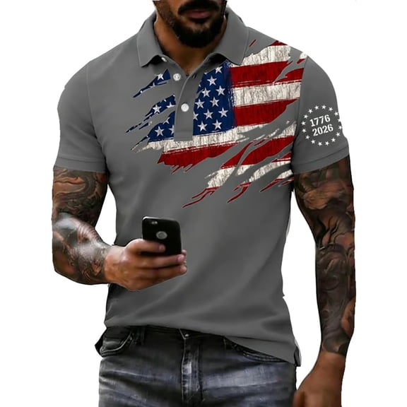 Mens Short Sleeve Tee Shirts National Flag Print Sytlish Polo Shirt Button Up Lapel Tshirts Patriotic Tops Gray XXXL
