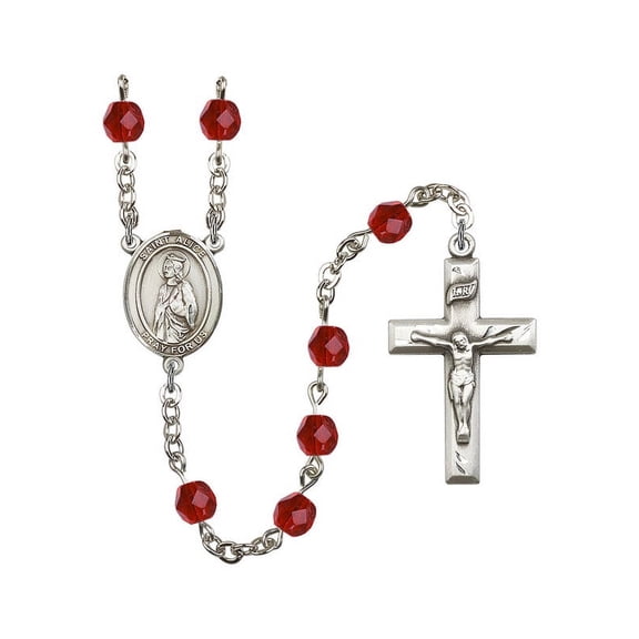 St. Alice Silver-Plated Rosary 6mm July Red Fire Polished Beads Crucifix Size 1 3/8 x 3/4 medal charm
