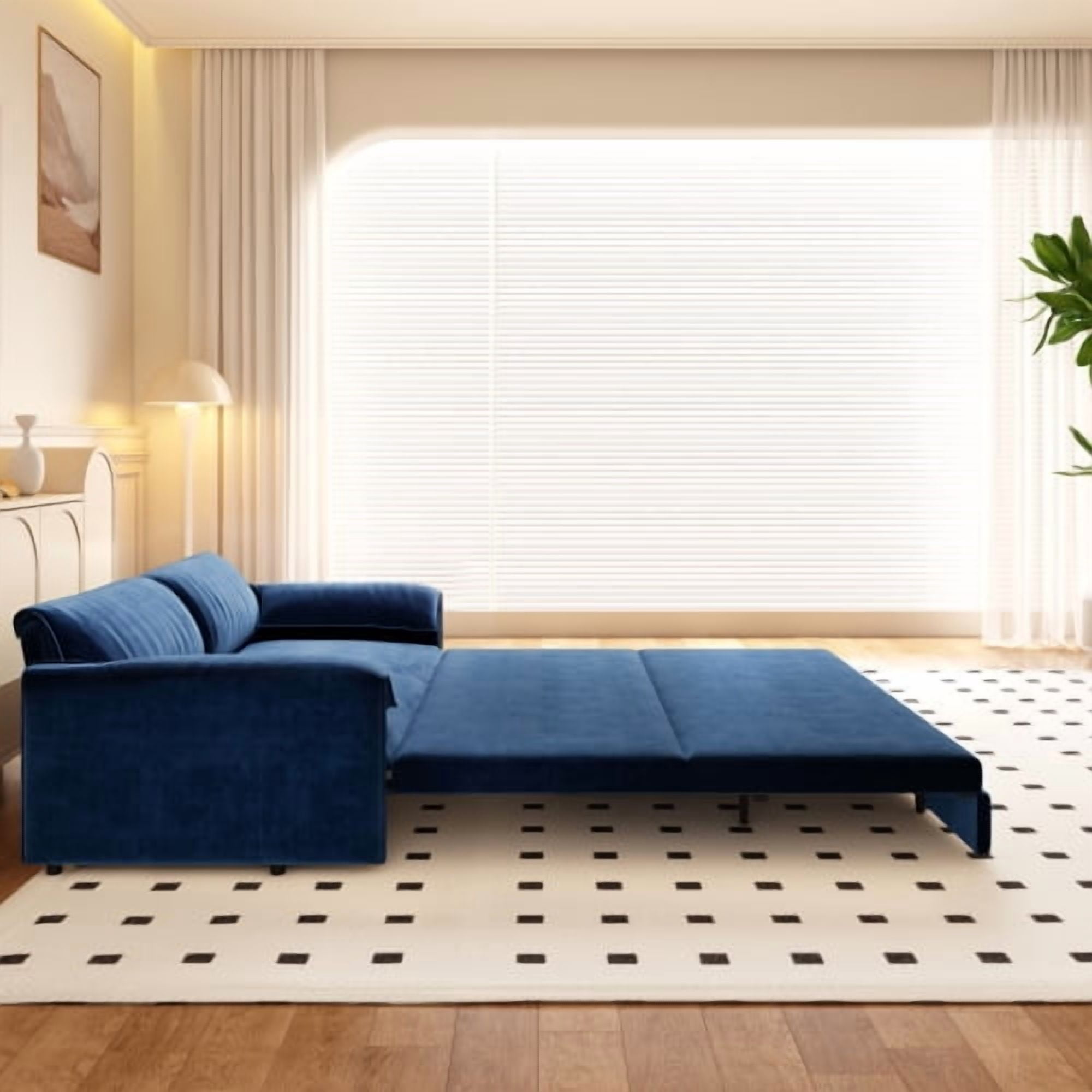 66" Queen Pull Out Sofa Bed, 3-in-1 Convertible Velvet Sleeper Sofa with Side Storage, Loveseat Bed for Living Room, Blue