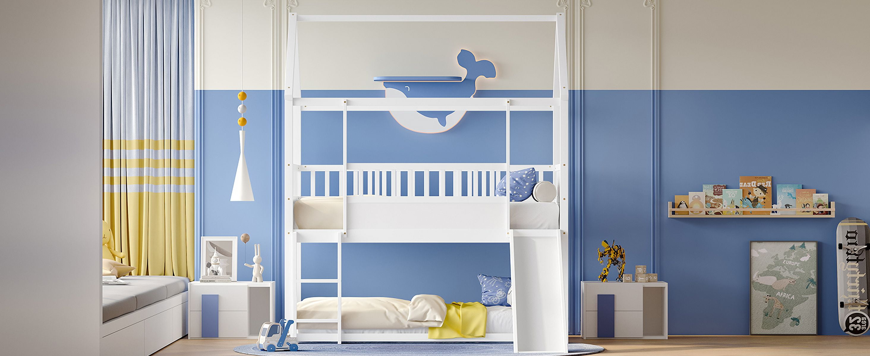 Bunk Bed with Slide, House Bunk Bed, Twin Over Twin Bunk Bed with Ladder and Safety Guardrail, Solid Wood Frame, White