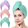 thumbnail image 1 of Toalla Microfibra para Cabello 3 Pack, Toalla de Cabello Seco con Botones, Gorro de Baño Ultra Absorbente de Agua, Secado de Pelo Súper Rápido, Turbante Suave Anti-Frizz para Mujer (Viole Rosa Verde), 1 of 4