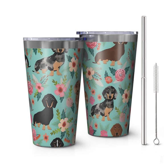 16oz Tumblers Dachshund and Flower Stainless Steel Vacuum Insulated Double Wall Travel Tumbler Cups Mug with Lid and Straw,Cleaning Brush for Coffee,Tea