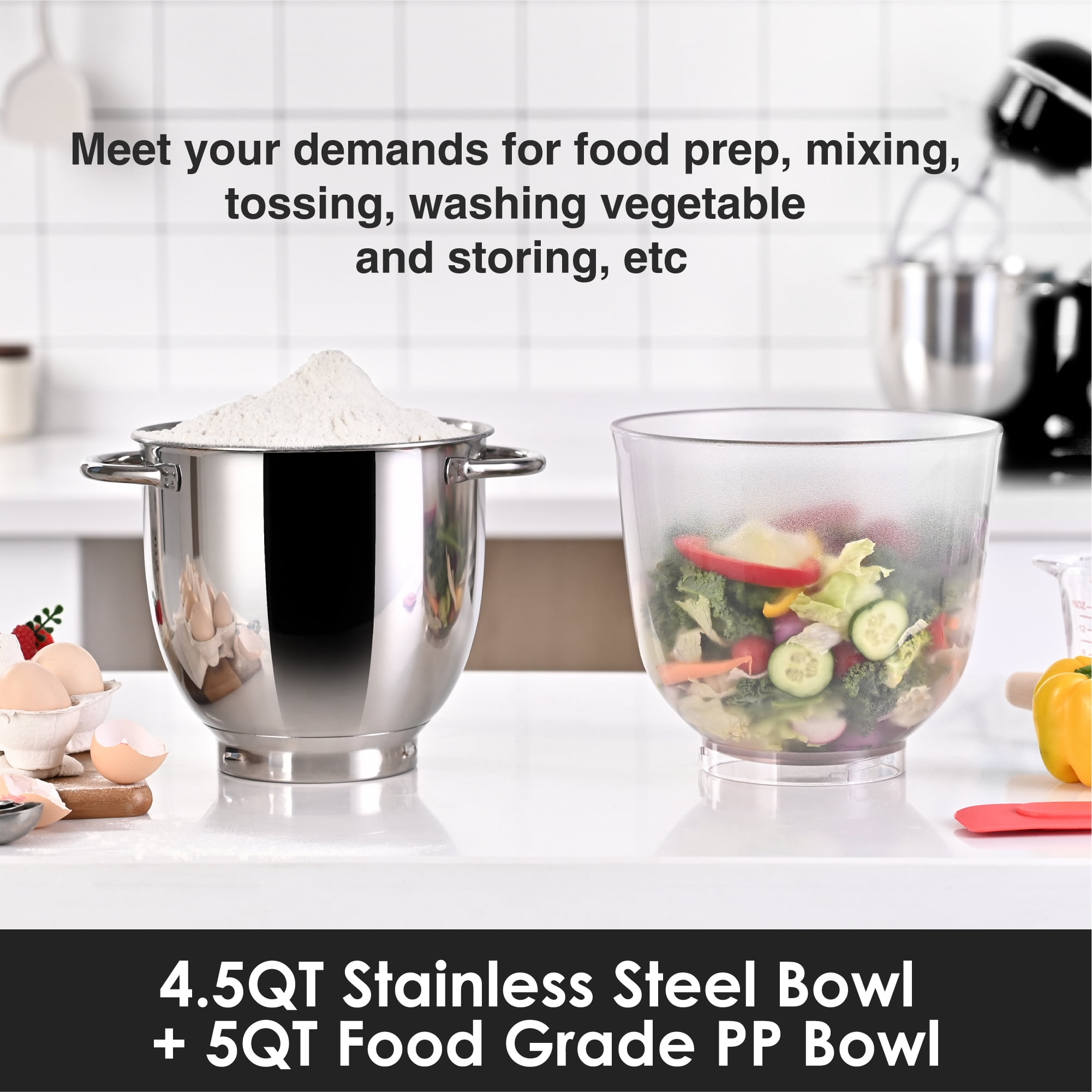 Kitchen in the box 10 Speeds Stand Mixer with 4.5QT+5QT Two Bowls, 450W Electric Food Mixer with Tilt-Head - Black