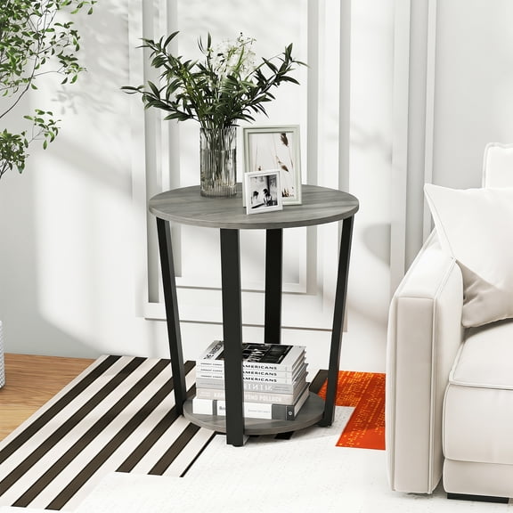 Costway 1 PCS 2-tier Round Side Table, Home Accent Table with Storage Shelf, Metal Frame Gray Oak