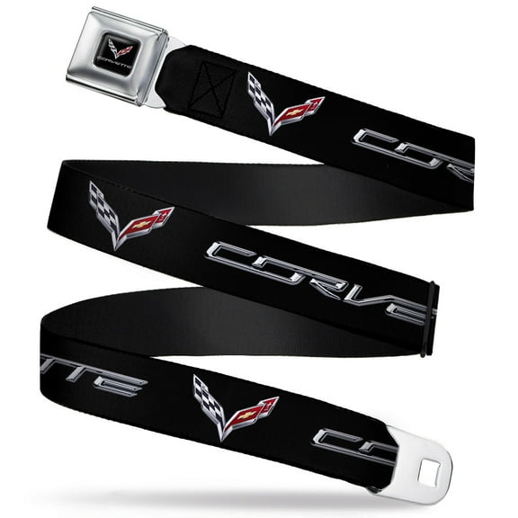 GM General Motors Belt, Seatbelt Buckle Belt, Corvette C7 Logo Black Silver Red, 30 to 44 Inches