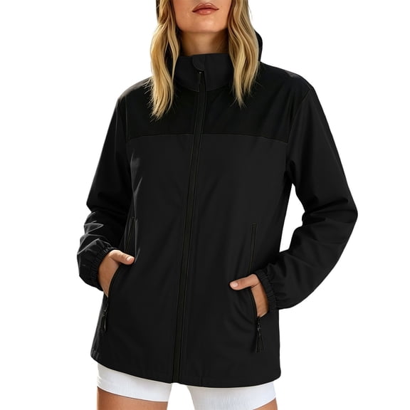 WRKEKC Windbreaker Jackets for Women Hooded Long Sleeve Zip Up Waterproof Outdoor Jacket with Multiple Pockets