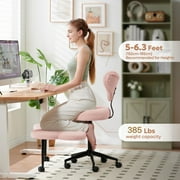 Pinmoco Cross Legged Office Chair, Pink Teddy Fabric Cute Ergonomic Swivel Vanity Chair, Heavy Duty Wide Seat for Bedroom & Home Office, Armless