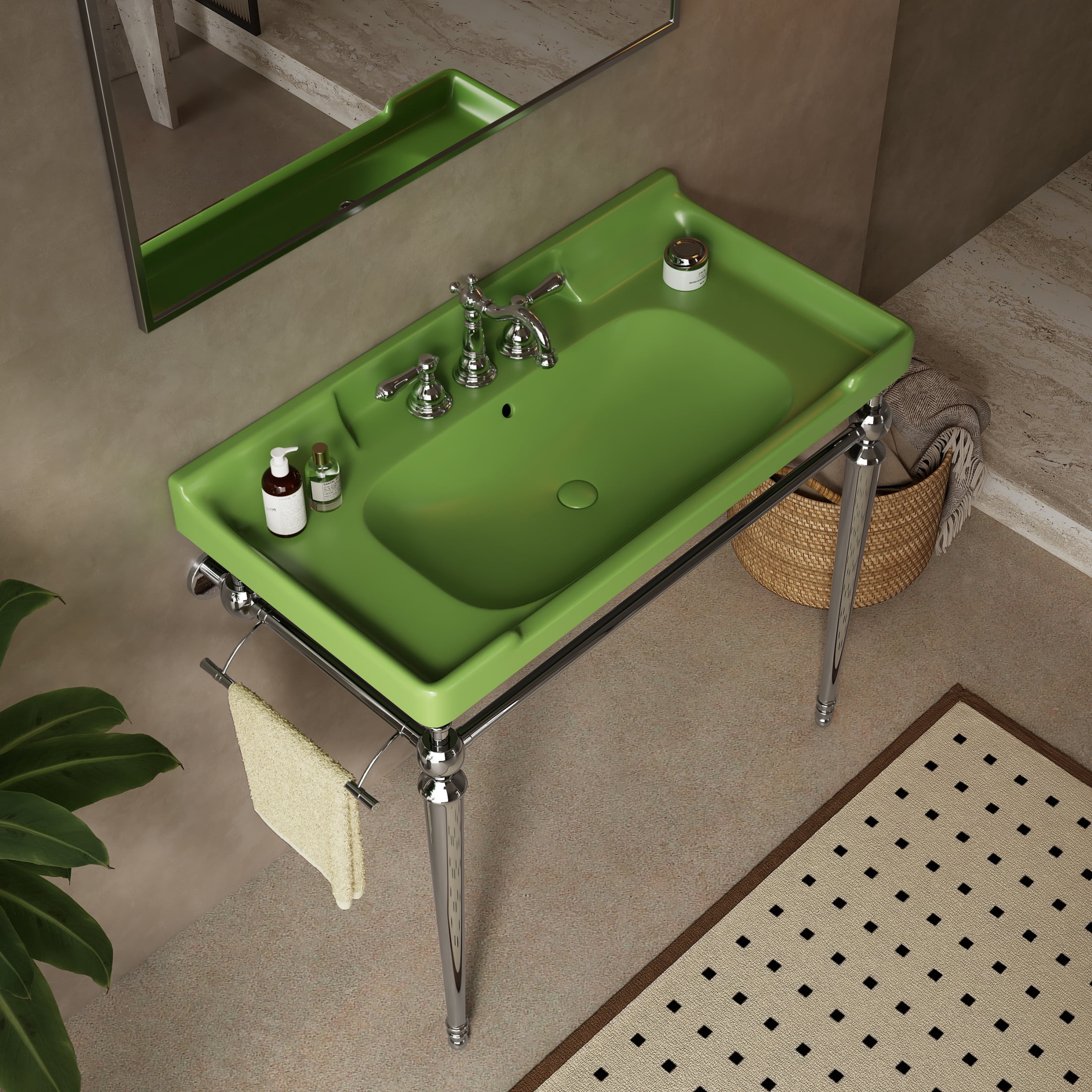 Noble House VICI 36" Bathroom Console Sink, Wall-Mounted Ceramic Basin Vanity with Stainless Steel Legs, Green & Chrome