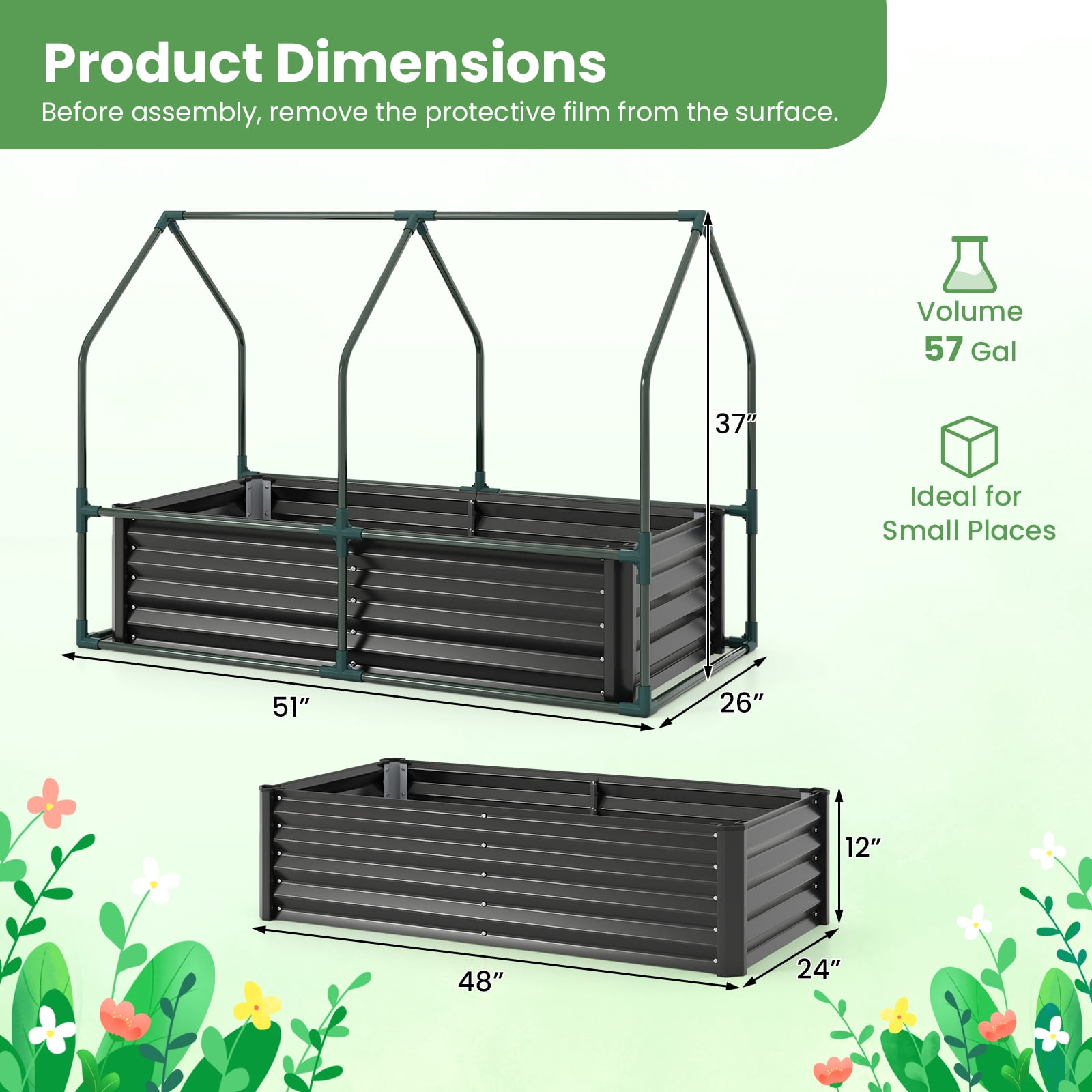 Gymax 4 x 2 x 3 FT Small Galvanized Raised Garden Bed w/Greenhouse Cover Windows Black & Transparent
