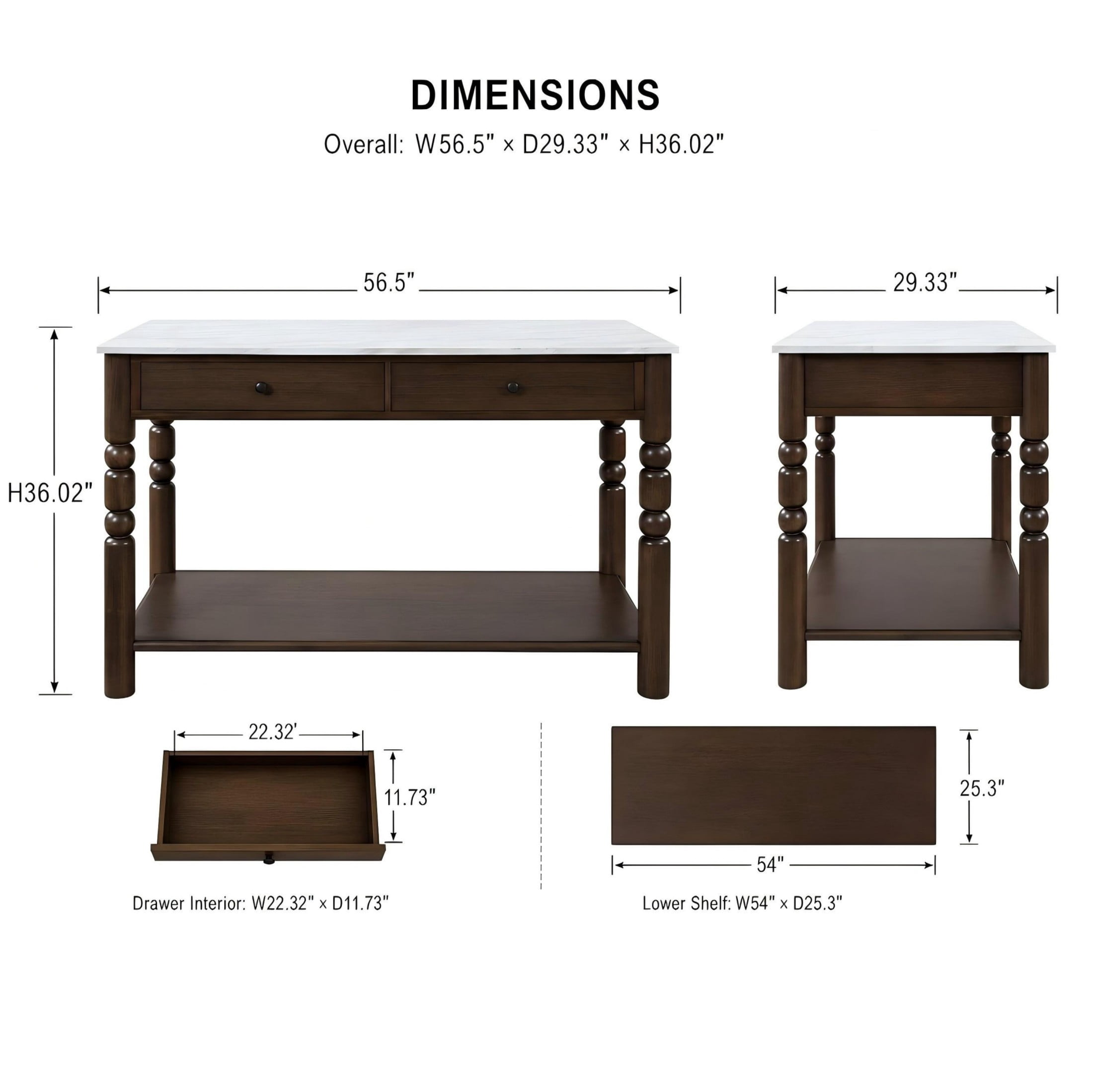 Christopher Knight Home 56.5" Farmhouse Kitchen Island with 4 Drawers, Marble-Look Top, Smoked Oak