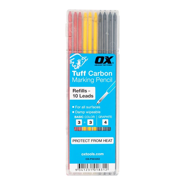 OX Tools Tuff Carbon Marking Pencil Replacement Lead 10-Pack with Red, Yellow & Graphite Lead, 2.8 mm lead, OX-P503202
