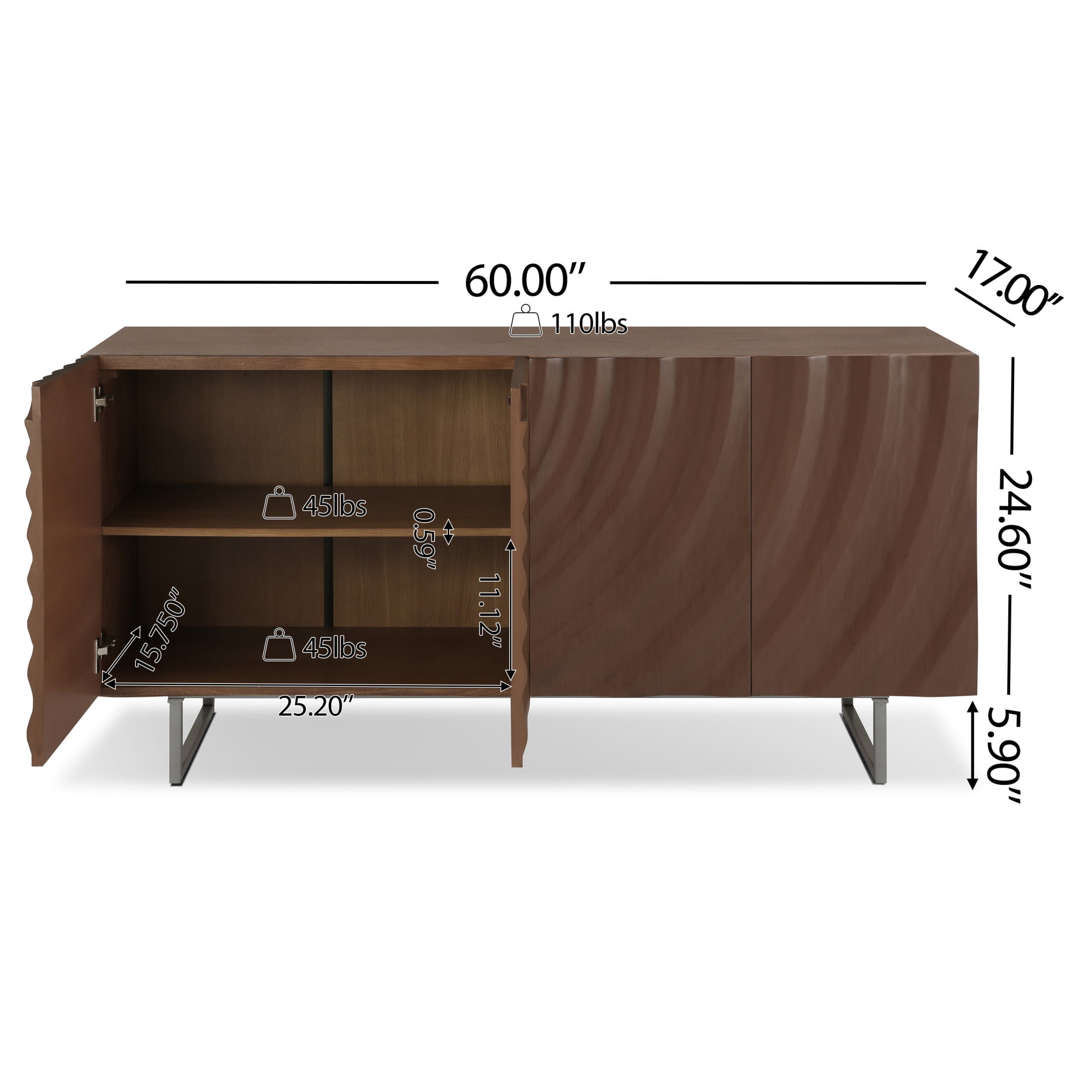 Christopher Knight Home Modern Sculptural 60" Sideboard, Ripple Doors, Adjustable Shelves, Metal Legs, Brown
