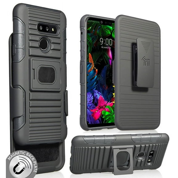 Case with Clip for LG G8 ThinQ, Nakedcellphone Black Rugged Ring Grip Cover   Belt Hip Holster Holder Stand [with Built-In Mounting Plate] for LG G8 (LM-G820)