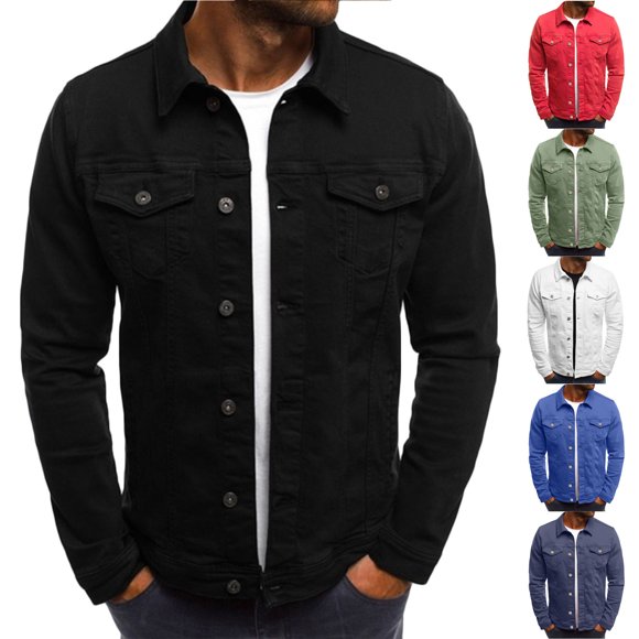 Fengqque Men's Autumn Winter Button Solid Color Vintage Denim Jacket Tops Blouse Coat Men's Jacket Medium, Black White 8(XL)
