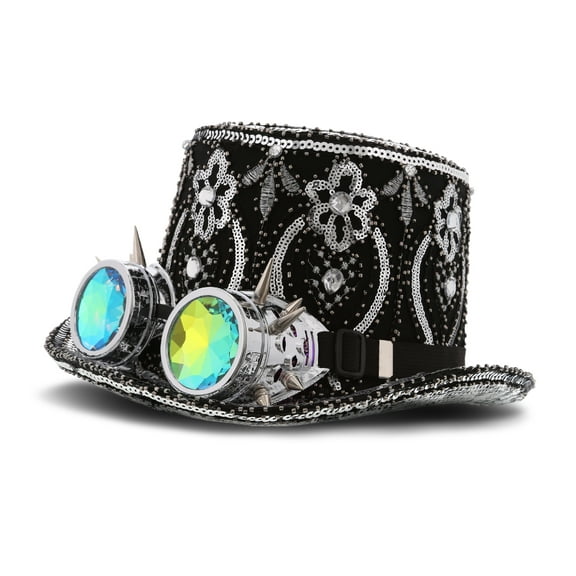 Attitude Studio Silver Paillette Steampunk Hat with Goggles - Costume Party Hat