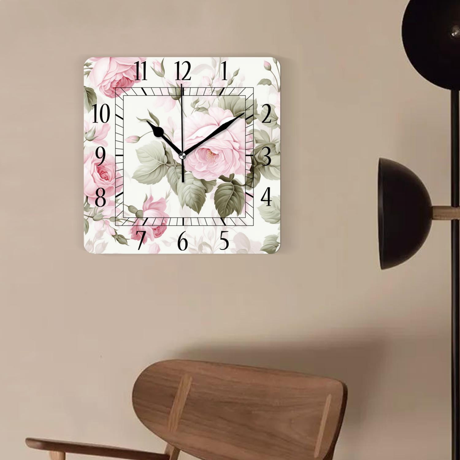 12 Inch Wall Clock Battery Operated Square Clock Decorative for Office, Kitchen, Outdoor, Living Room，Watercolor Pink Rose Flower Floral Pattern