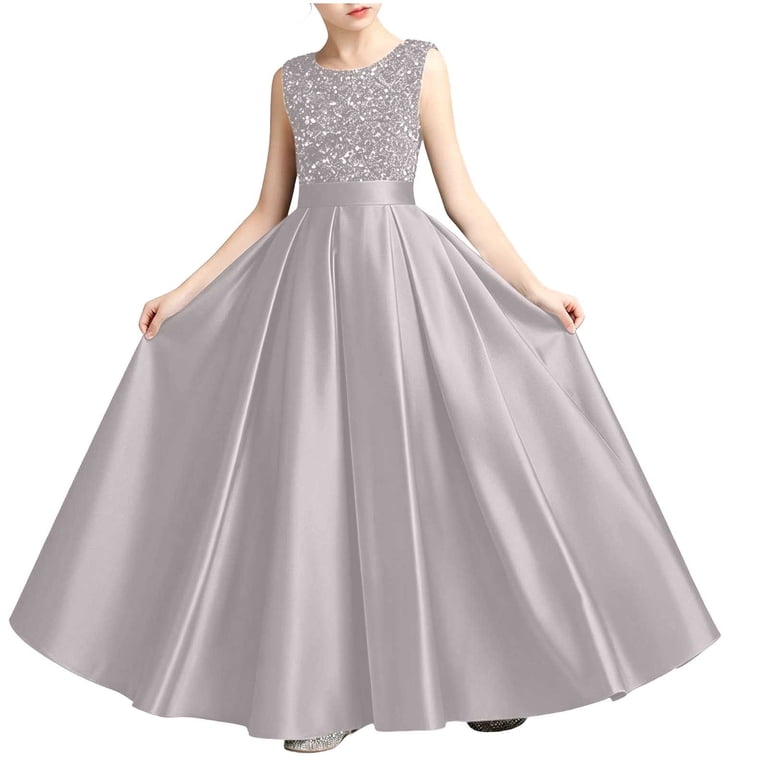 Veyoii Girls Sleeveless Sequin Bodice Satin Long Formal Pageant Dress Gray 2-3 Years, Girl's