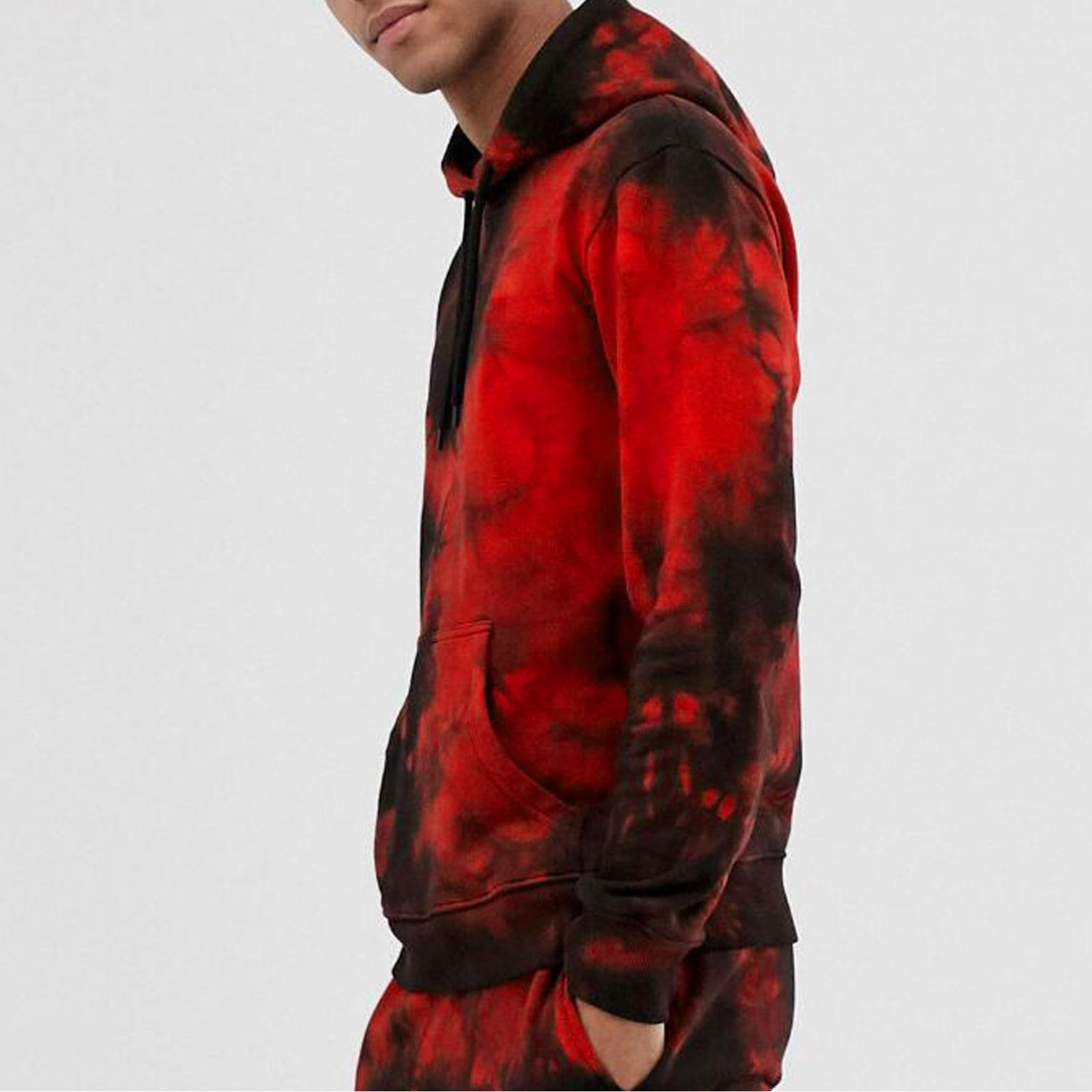 Lisingtool hoodies for men Mens Casual Color Block Tie-Dye Pullover Hooded Sweatshirt With Pocket Red