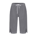 thumbnail image 5 of Bermuda Shorts for Women Linen Cotton Capri Knee Length High Waisted Side Split Long Shorts Button Casual Lounge Pants Gray M, 5 of 8